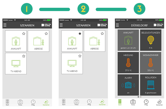 Entdecken Sie die folgenden Stufen, um eine Stufe zu Ihren Favoriten hinzuzufügen. Auf Ihr Szenario können Sie von Ihrer Tydom-Anwendung aus zugreifen